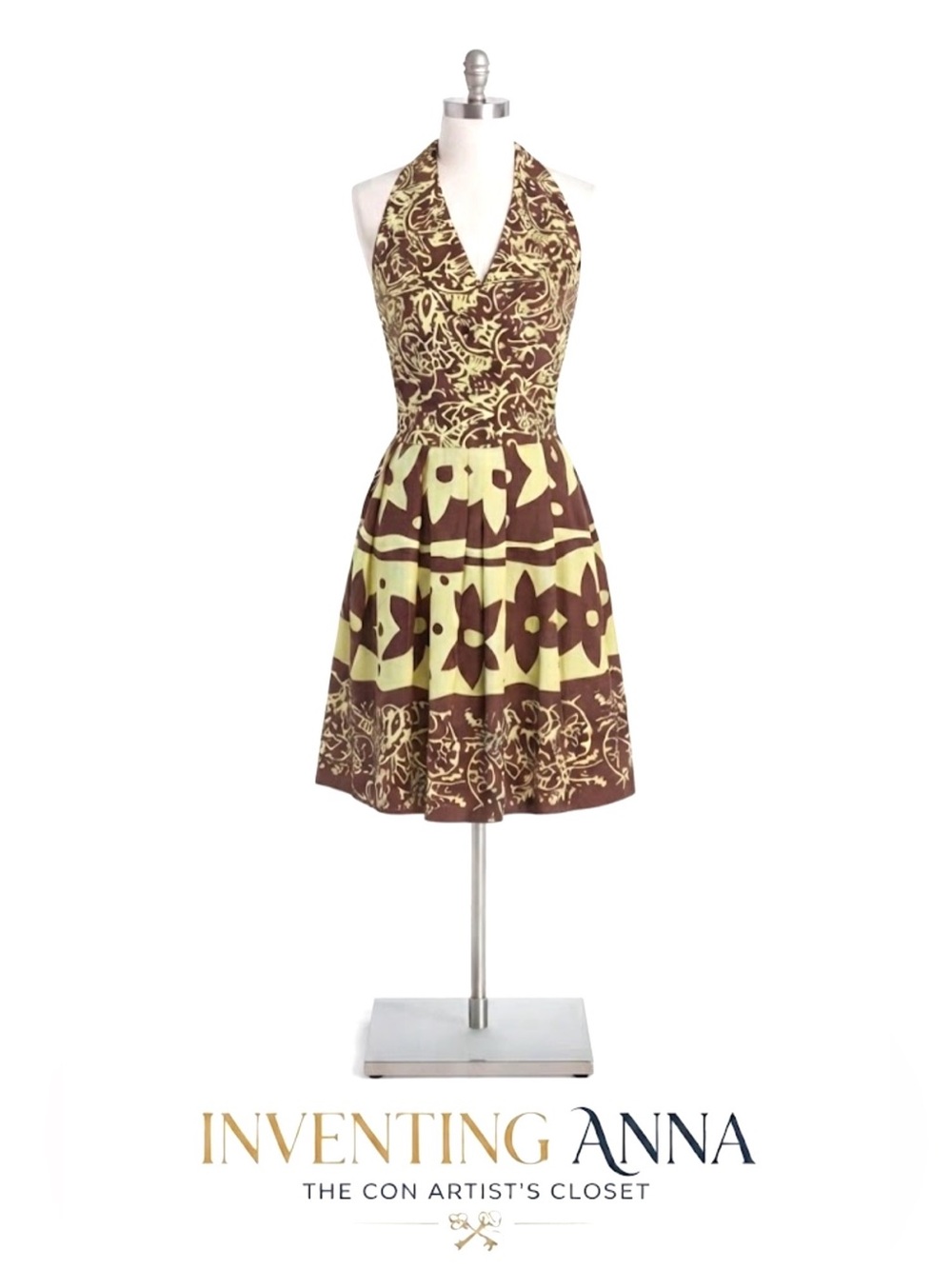 SUZI CHEN for Maggy Boutique ~ Brown and Chartreuse Patterned Midi Dress size 8